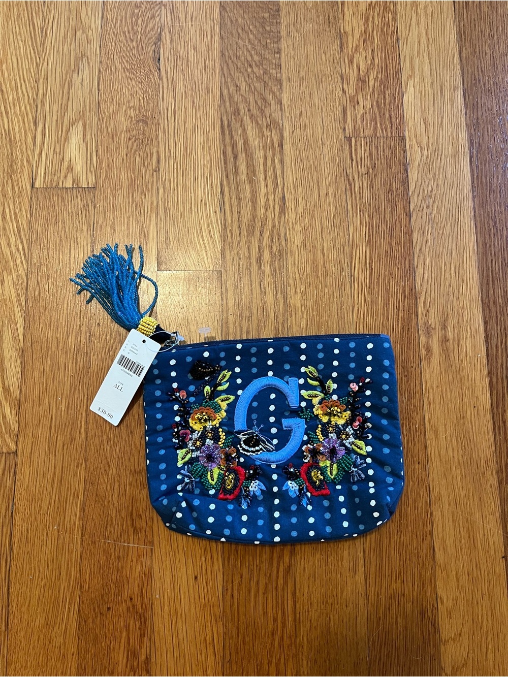 NWT Anthropologie embroidered beaded insect bag G monogram tassel flowers $38